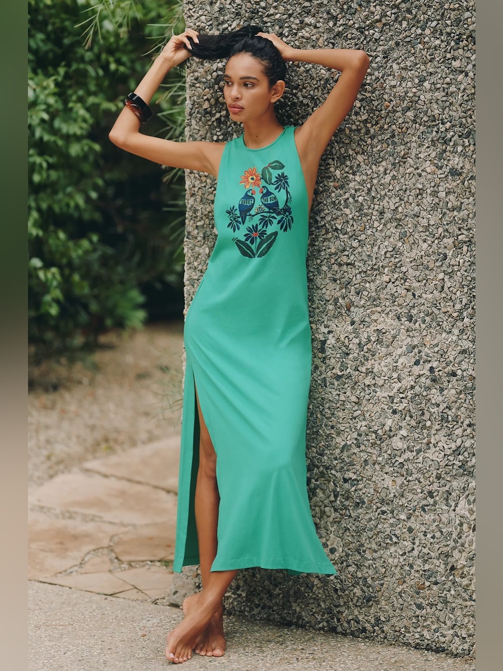 ANTHROPOLOGIE Celandine Muscle Tee Maxi Dress Sleeveless Green Tropical Slits L